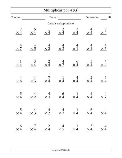 La hoja de ejercicios de Multiplicar (Factores de 1 a 7) por 4 (49 Preguntas) (G)