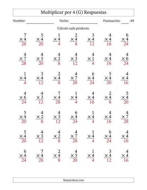 La hoja de ejercicios de Multiplicar (Factores de 1 a 7) por 4 (49 Preguntas) (G) Página 2