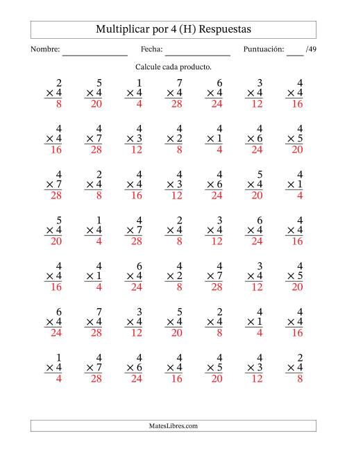 La hoja de ejercicios de Multiplicar (Factores de 1 a 7) por 4 (49 Preguntas) (H) Página 2