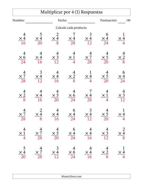 La hoja de ejercicios de Multiplicar (Factores de 1 a 7) por 4 (49 Preguntas) (I) Página 2