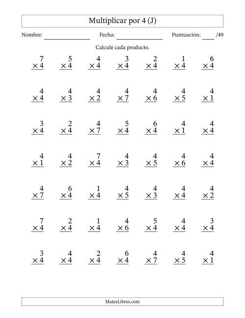 La hoja de ejercicios de Multiplicar (Factores de 1 a 7) por 4 (49 Preguntas) (J)