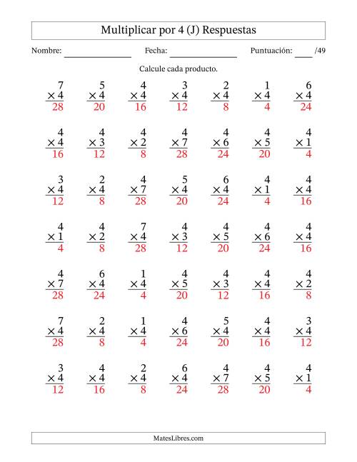 La hoja de ejercicios de Multiplicar (Factores de 1 a 7) por 4 (49 Preguntas) (J) Página 2