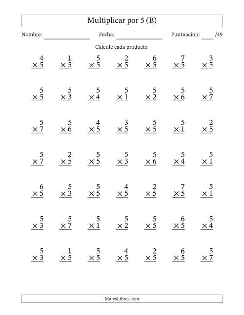 La hoja de ejercicios de Multiplicar (Factores de 1 a 7) por 5 (49 Preguntas) (B)