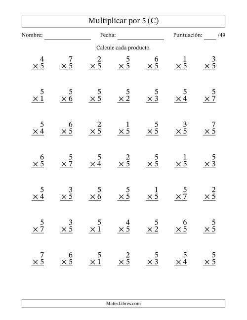 La hoja de ejercicios de Multiplicar (Factores de 1 a 7) por 5 (49 Preguntas) (C)