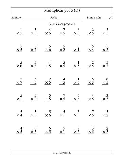 La hoja de ejercicios de Multiplicar (Factores de 1 a 7) por 5 (49 Preguntas) (D)