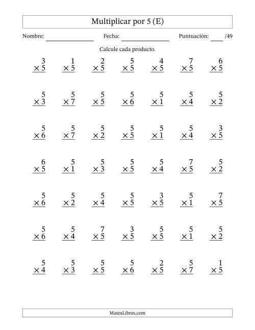 La hoja de ejercicios de Multiplicar (Factores de 1 a 7) por 5 (49 Preguntas) (E)