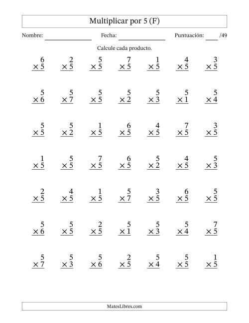 La hoja de ejercicios de Multiplicar (Factores de 1 a 7) por 5 (49 Preguntas) (F)