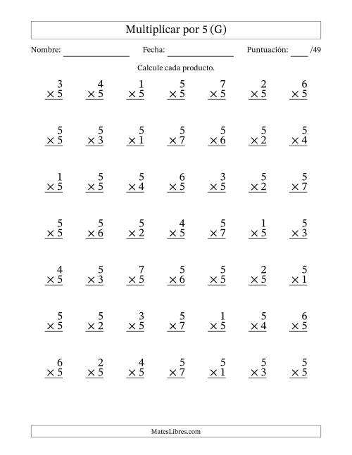 La hoja de ejercicios de Multiplicar (Factores de 1 a 7) por 5 (49 Preguntas) (G)