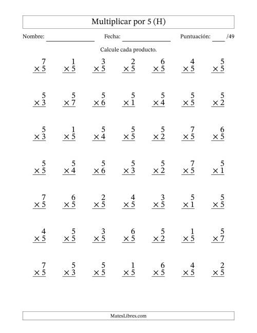 La hoja de ejercicios de Multiplicar (Factores de 1 a 7) por 5 (49 Preguntas) (H)