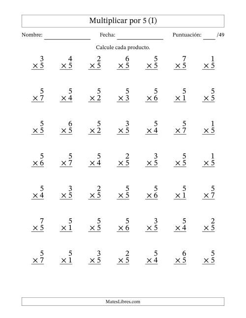 La hoja de ejercicios de Multiplicar (Factores de 1 a 7) por 5 (49 Preguntas) (I)