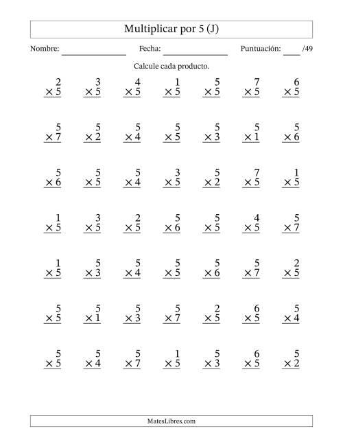 La hoja de ejercicios de Multiplicar (Factores de 1 a 7) por 5 (49 Preguntas) (J)