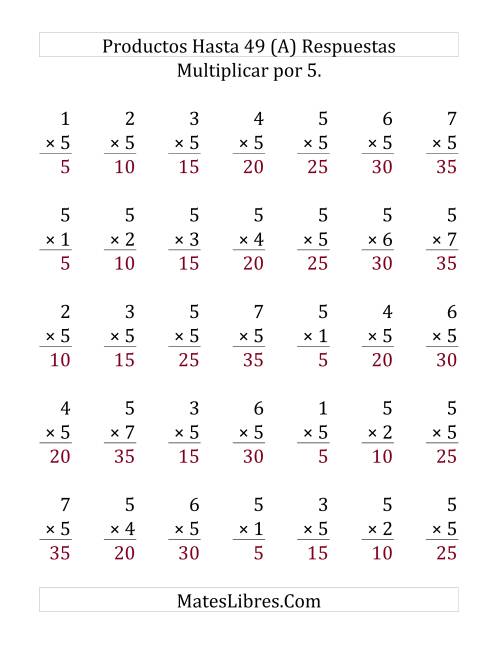 La hoja de ejercicios de Multiplicar por 5 (rango de 1 a 7) (Grande) Página 2