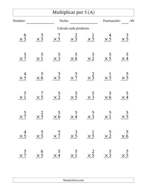 La hoja de ejercicios de Multiplicar (Factores de 1 a 7) por 5 (49 Preguntas) (Todas)
