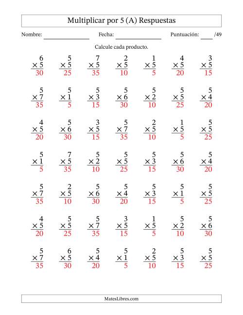 La hoja de ejercicios de Multiplicar (Factores de 1 a 7) por 5 (49 Preguntas) (Todas) Página 2
