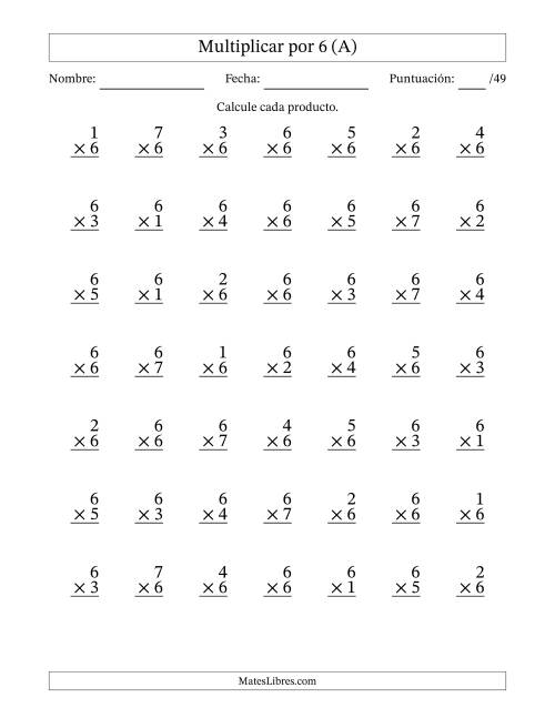 La hoja de ejercicios de Multiplicar (Factores de 1 a 7) por 6 (49 Preguntas) (A)