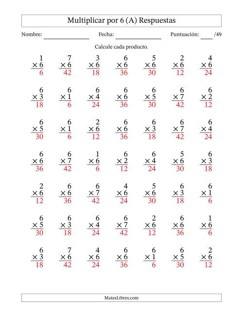 La hoja de ejercicios de Multiplicar (Factores de 1 a 7) por 6 (49 Preguntas) (A) Página 2