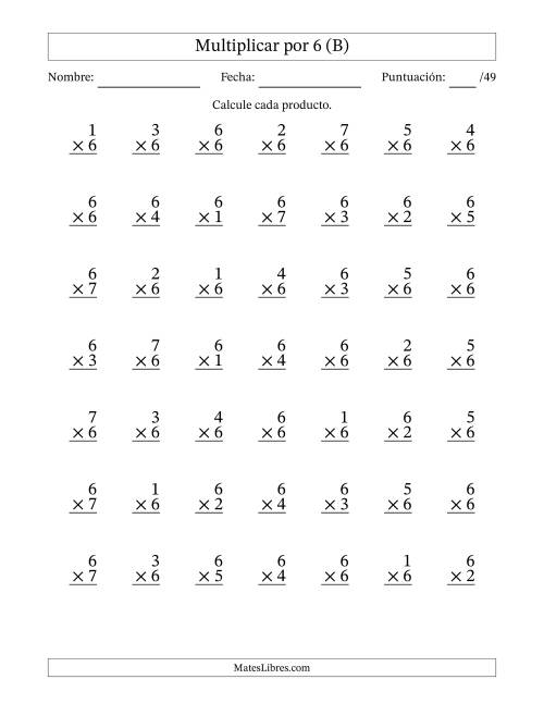 La hoja de ejercicios de Multiplicar (Factores de 1 a 7) por 6 (49 Preguntas) (B)