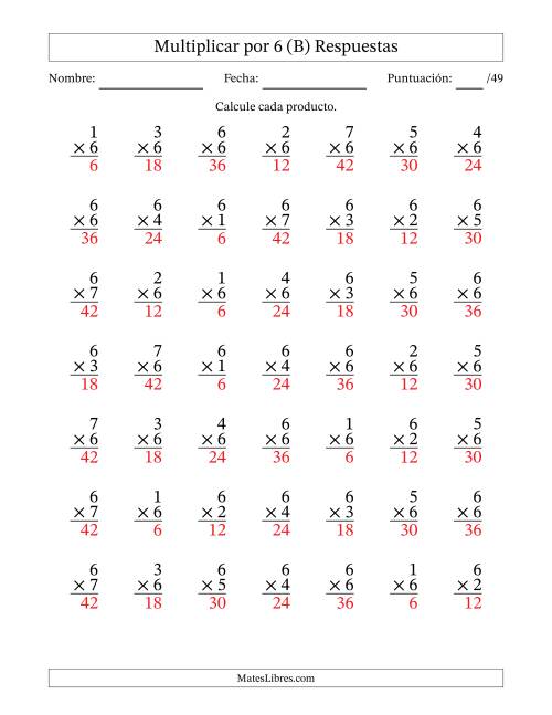 La hoja de ejercicios de Multiplicar (Factores de 1 a 7) por 6 (49 Preguntas) (B) Página 2