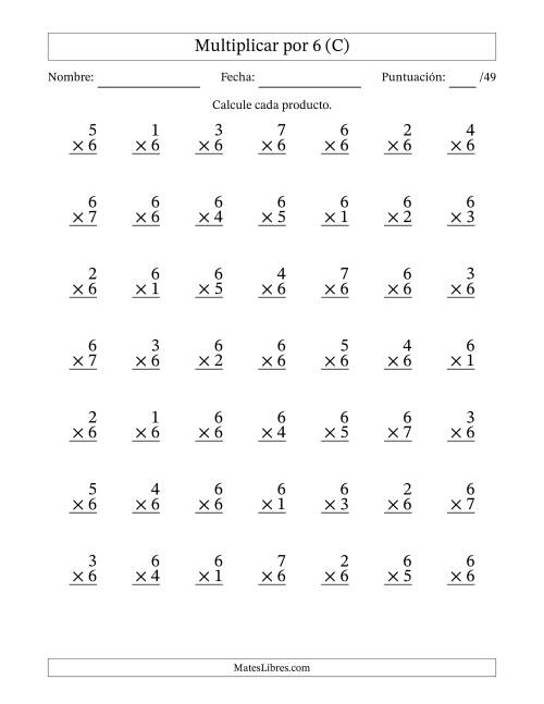 La hoja de ejercicios de Multiplicar (Factores de 1 a 7) por 6 (49 Preguntas) (C)