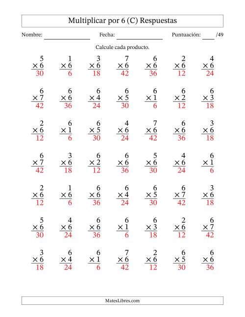 La hoja de ejercicios de Multiplicar (Factores de 1 a 7) por 6 (49 Preguntas) (C) Página 2