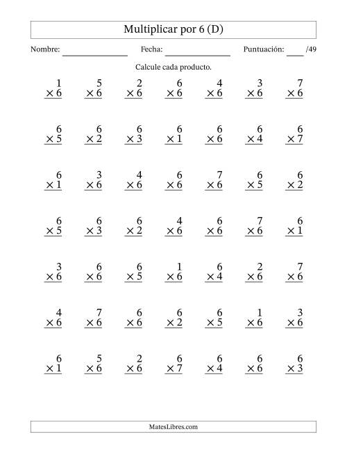 La hoja de ejercicios de Multiplicar (Factores de 1 a 7) por 6 (49 Preguntas) (D)