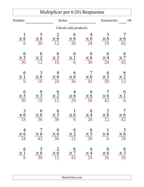 La hoja de ejercicios de Multiplicar (Factores de 1 a 7) por 6 (49 Preguntas) (D) Página 2