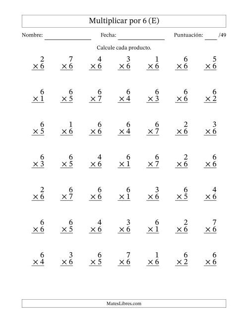 La hoja de ejercicios de Multiplicar (Factores de 1 a 7) por 6 (49 Preguntas) (E)