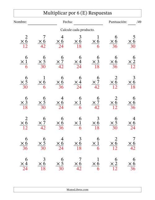 La hoja de ejercicios de Multiplicar (Factores de 1 a 7) por 6 (49 Preguntas) (E) Página 2