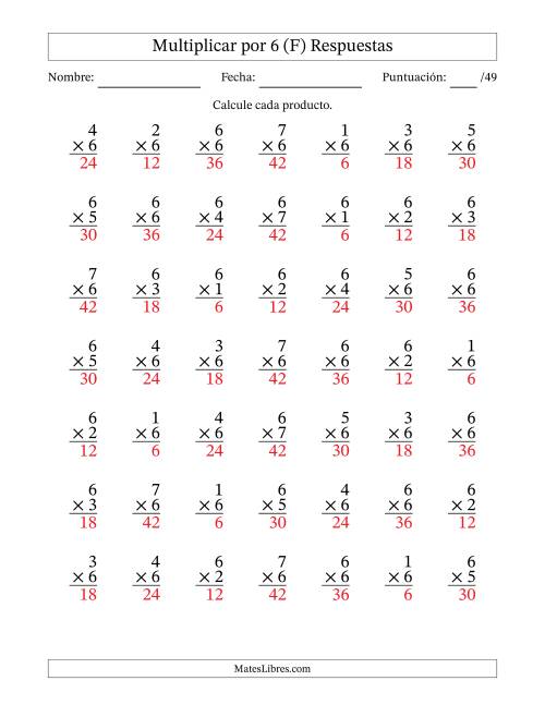La hoja de ejercicios de Multiplicar (Factores de 1 a 7) por 6 (49 Preguntas) (F) Página 2