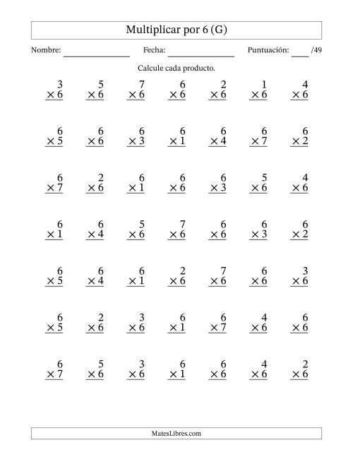La hoja de ejercicios de Multiplicar (Factores de 1 a 7) por 6 (49 Preguntas) (G)