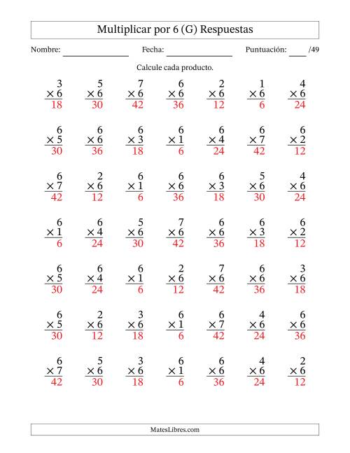 La hoja de ejercicios de Multiplicar (Factores de 1 a 7) por 6 (49 Preguntas) (G) Página 2