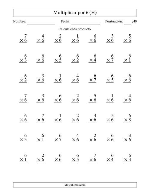 La hoja de ejercicios de Multiplicar (Factores de 1 a 7) por 6 (49 Preguntas) (H)