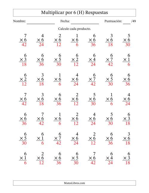 La hoja de ejercicios de Multiplicar (Factores de 1 a 7) por 6 (49 Preguntas) (H) Página 2