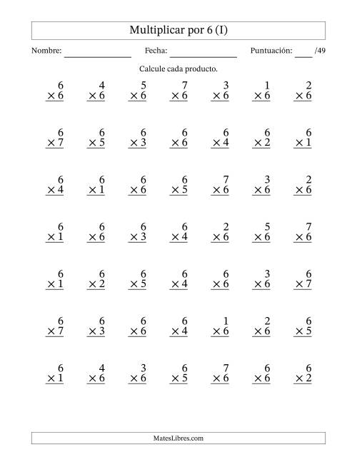 La hoja de ejercicios de Multiplicar (Factores de 1 a 7) por 6 (49 Preguntas) (I)