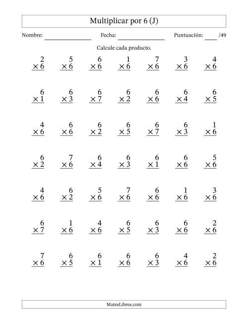 La hoja de ejercicios de Multiplicar (Factores de 1 a 7) por 6 (49 Preguntas) (J)