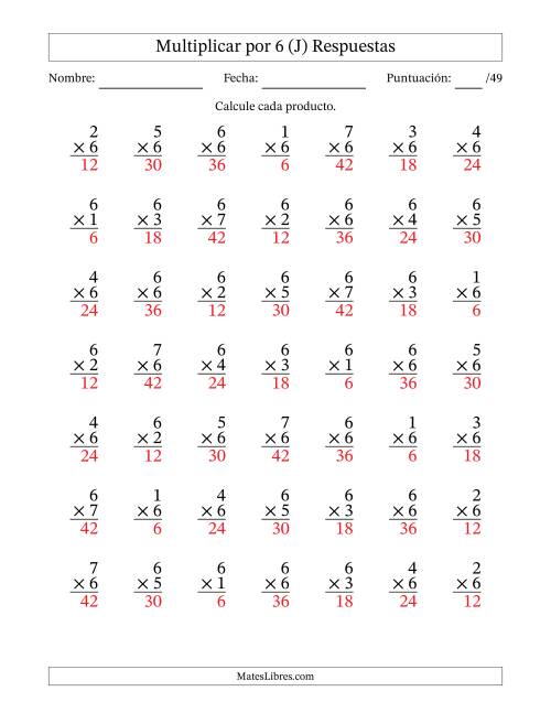 La hoja de ejercicios de Multiplicar (Factores de 1 a 7) por 6 (49 Preguntas) (J) Página 2