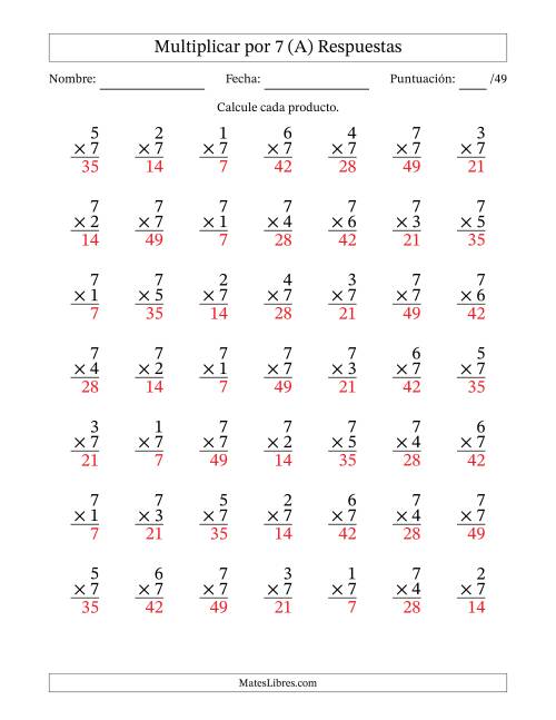 La hoja de ejercicios de Multiplicar (Factores de 1 a 7) por 7 (49 Preguntas) (A) Página 2
