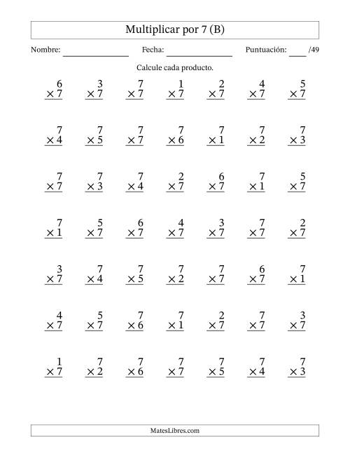 La hoja de ejercicios de Multiplicar (Factores de 1 a 7) por 7 (49 Preguntas) (B)