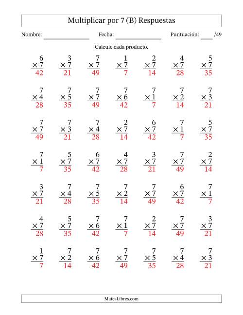 La hoja de ejercicios de Multiplicar (Factores de 1 a 7) por 7 (49 Preguntas) (B) Página 2
