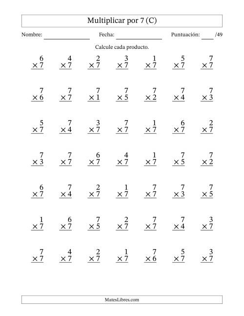 La hoja de ejercicios de Multiplicar (Factores de 1 a 7) por 7 (49 Preguntas) (C)