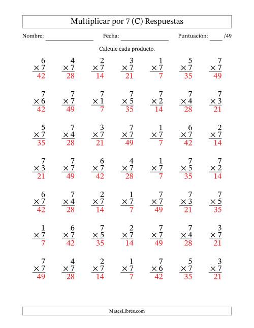 La hoja de ejercicios de Multiplicar (Factores de 1 a 7) por 7 (49 Preguntas) (C) Página 2