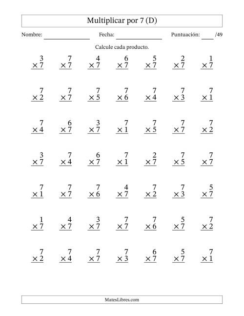 La hoja de ejercicios de Multiplicar (Factores de 1 a 7) por 7 (49 Preguntas) (D)