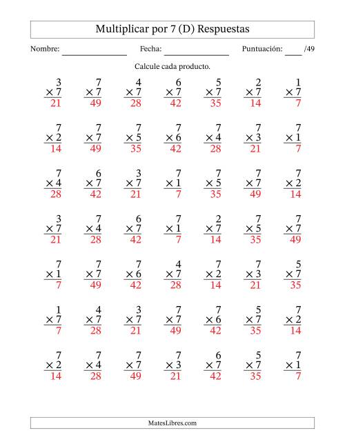 La hoja de ejercicios de Multiplicar (Factores de 1 a 7) por 7 (49 Preguntas) (D) Página 2