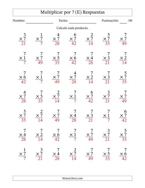 La hoja de ejercicios de Multiplicar (Factores de 1 a 7) por 7 (49 Preguntas) (E) Página 2