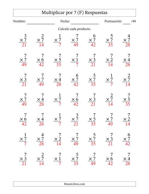 La hoja de ejercicios de Multiplicar (Factores de 1 a 7) por 7 (49 Preguntas) (F) Página 2