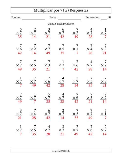 La hoja de ejercicios de Multiplicar (Factores de 1 a 7) por 7 (49 Preguntas) (G) Página 2