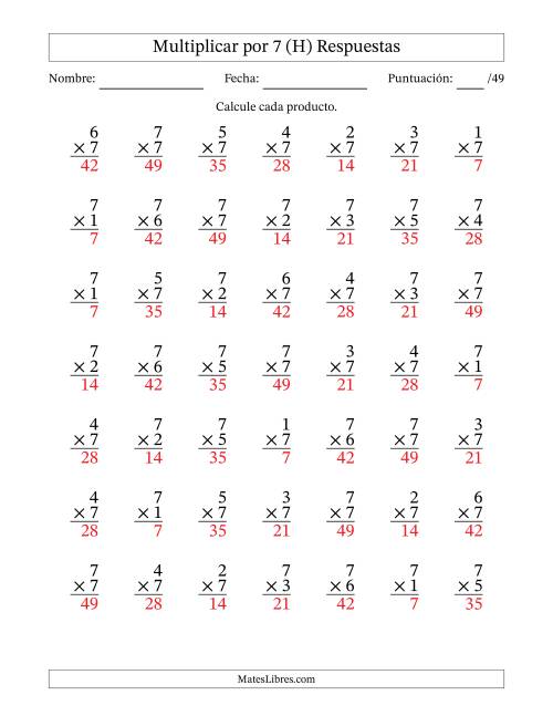 La hoja de ejercicios de Multiplicar (Factores de 1 a 7) por 7 (49 Preguntas) (H) Página 2