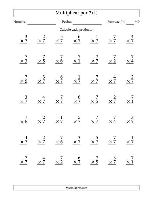 La hoja de ejercicios de Multiplicar (Factores de 1 a 7) por 7 (49 Preguntas) (I)
