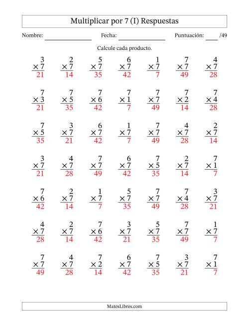 La hoja de ejercicios de Multiplicar (Factores de 1 a 7) por 7 (49 Preguntas) (I) Página 2
