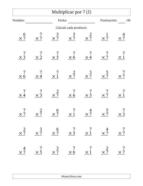 La hoja de ejercicios de Multiplicar (Factores de 1 a 7) por 7 (49 Preguntas) (J)